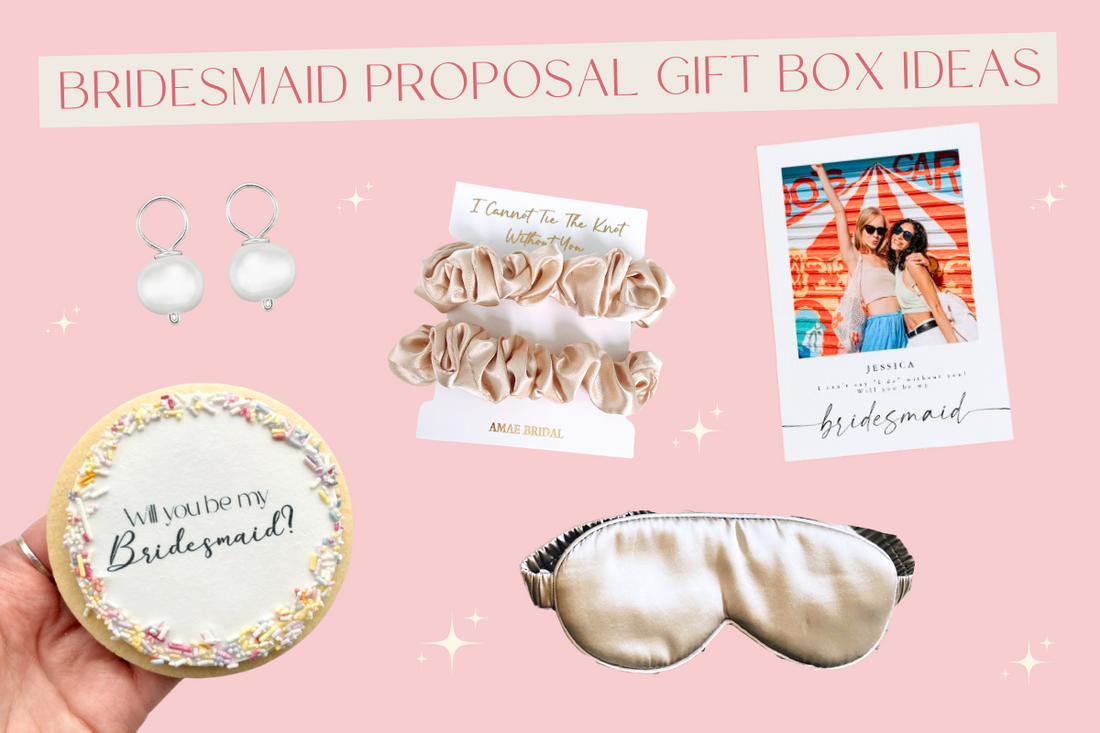 Bridesmaid Proposal Gift Box ideas including biscuits, scrunchies, eye masks, personal bridesmaid proposal cards and earrings to ask "will you be my bridesmaid?" to your best girls.