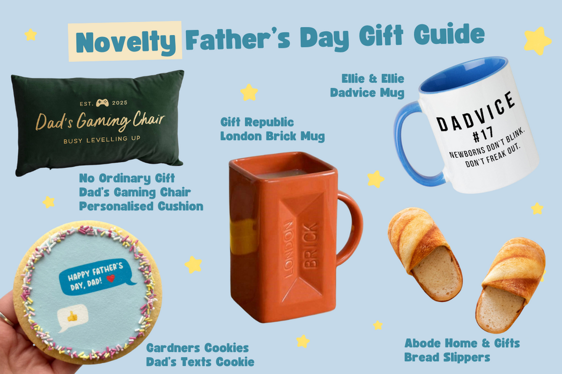 Novelty Father's Day Gift Guide for 2025. Featuring letterbox cookies, novelty mugs, personalised gaming cushion and bread slippers.